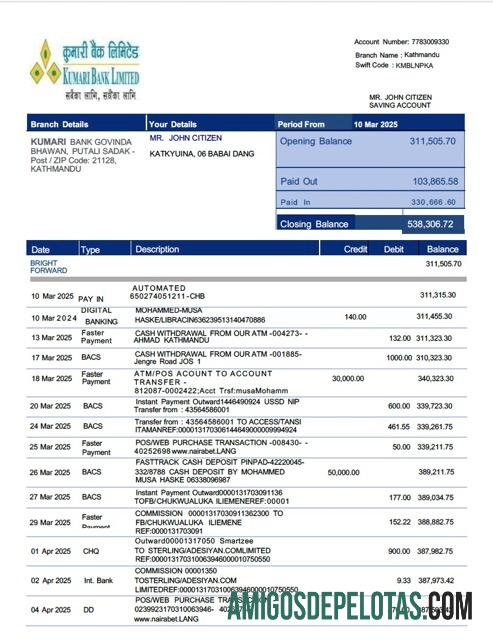 Modelo realista de extrato de conta limitado do Nepal Kumari Bank Limited em Word e PDF